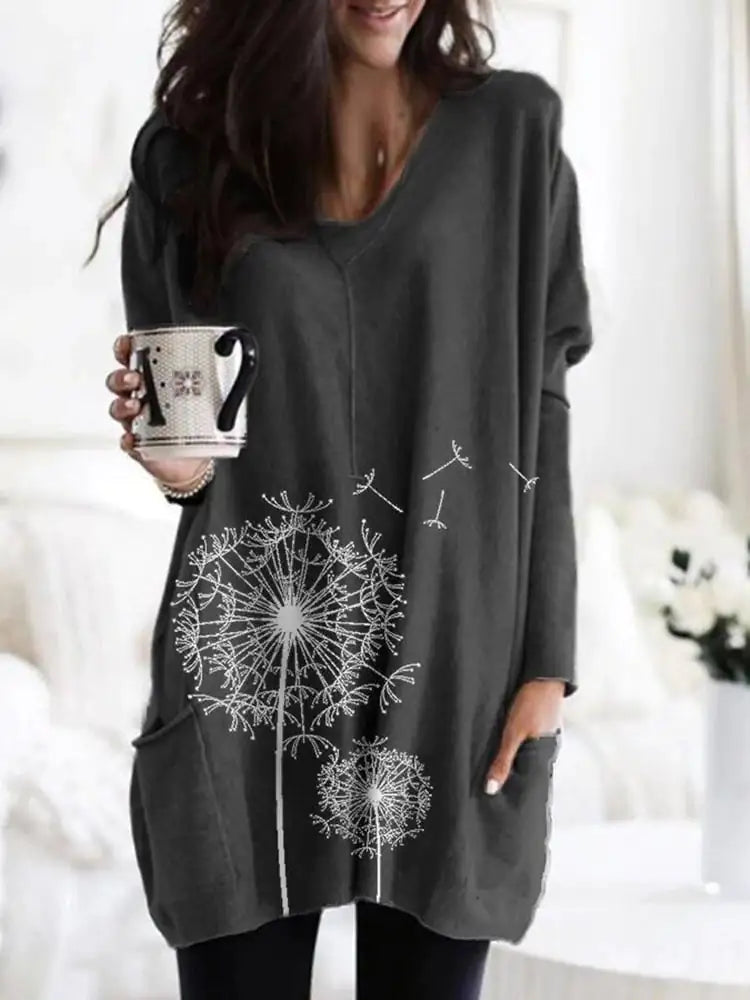 Suéter tipo blusa de cuello redondo y manga larga con estampado para mujer
