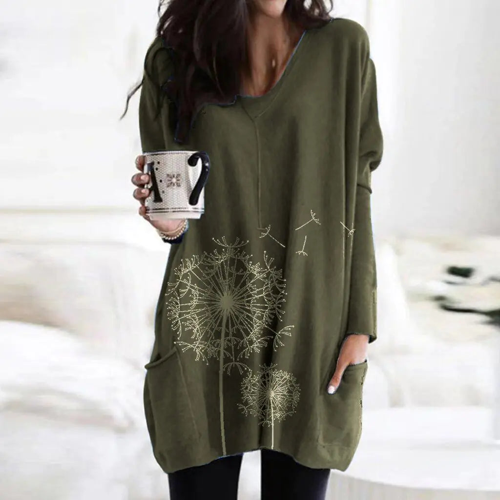 Suéter tipo blusa de cuello redondo y manga larga con estampado para mujer