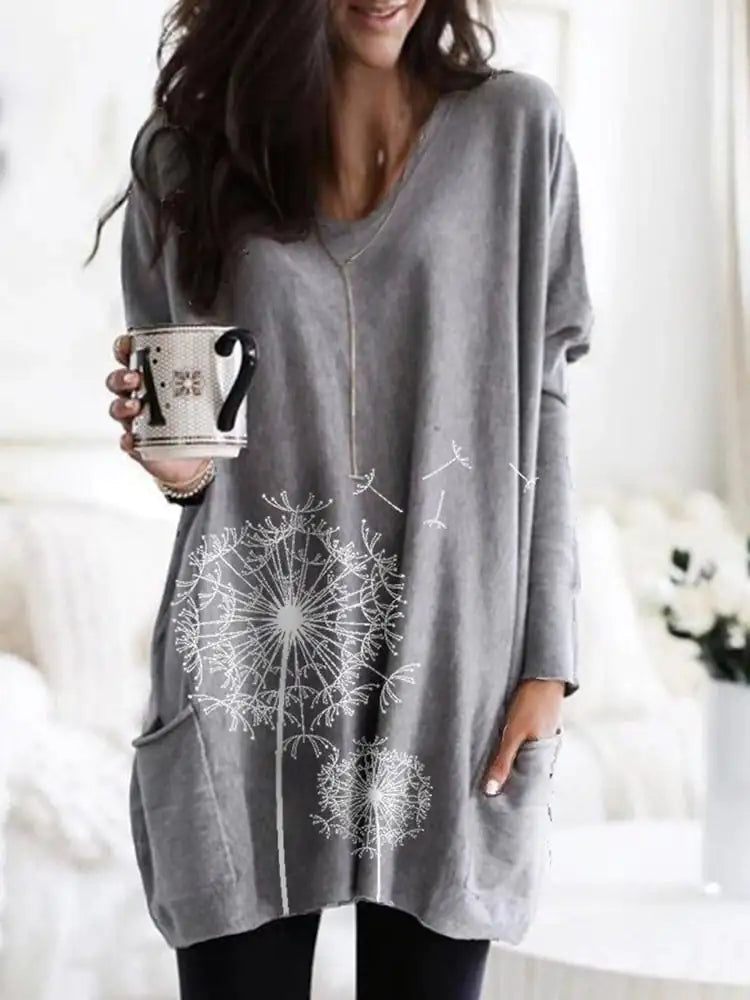 Suéter tipo blusa de cuello redondo y manga larga con estampado para mujer