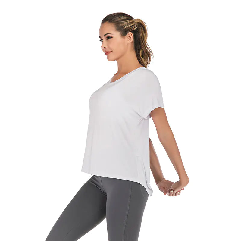Camiseta deportiva de verano con cuello en V y espalda abierta para mujer