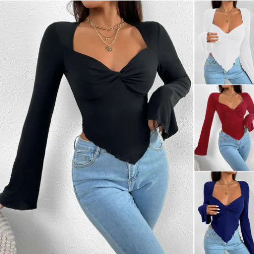 Camiseta de mujer de manga larga con cuello en V y punto irregular