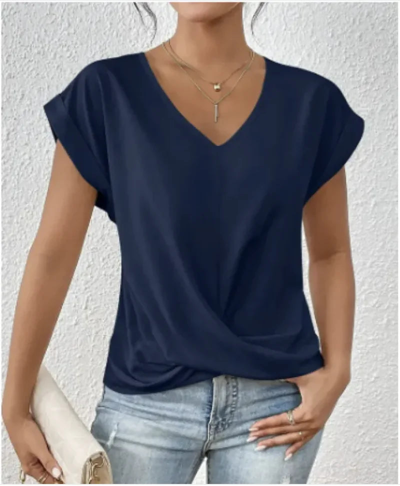Camiseta de manga corta con cuello en V y nudo irregular para mujer