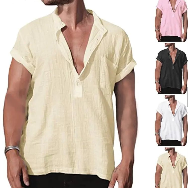 Camisa de lino de verano para hombre de manga corta con bolsillo - Vant