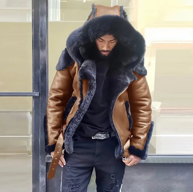 Chaqueta corta con capucha de piel sintética para hombre