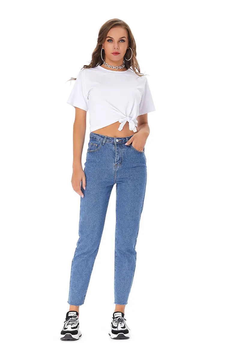 Pantalones vaqueros rectos con cintura alta y dobladillo sin rematar para mujer