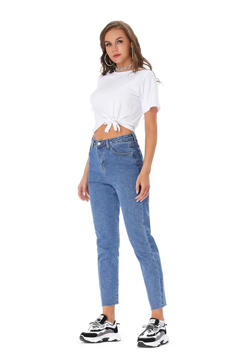 Pantalones vaqueros rectos con cintura alta y dobladillo sin rematar para mujer - Vant