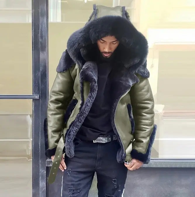 Chaqueta corta con capucha de piel sintética para hombre