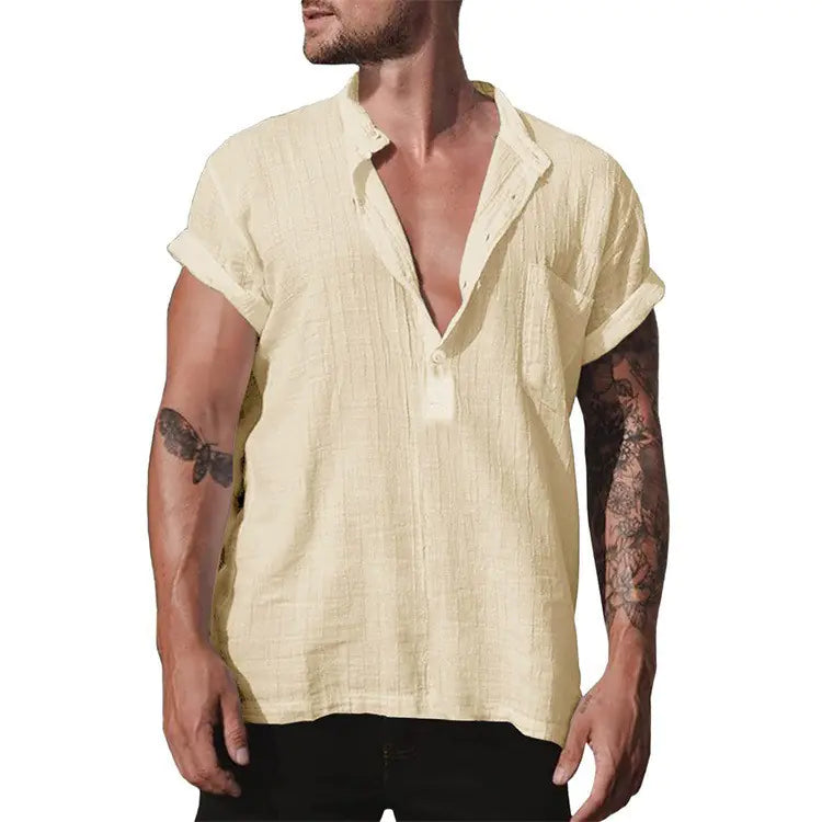 Camisa de lino de verano para hombre de manga corta con bolsillo