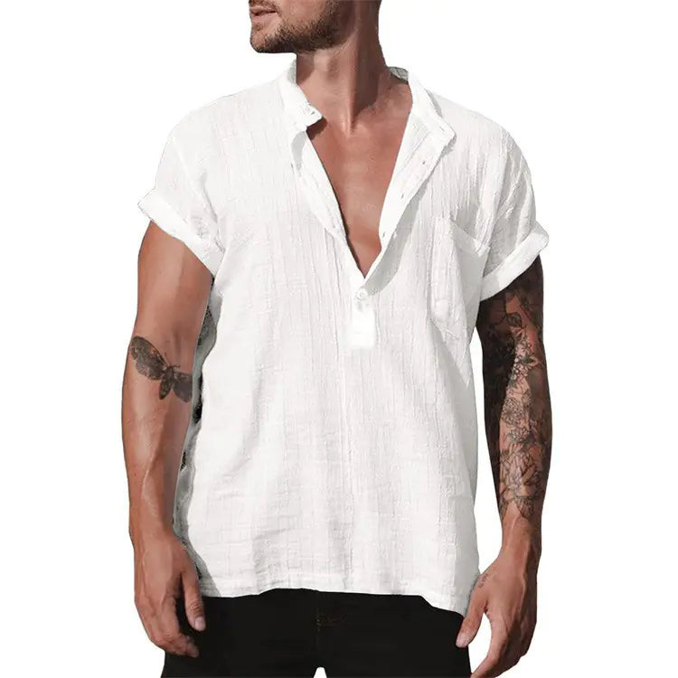 Camisa de lino de verano para hombre de manga corta con bolsillo