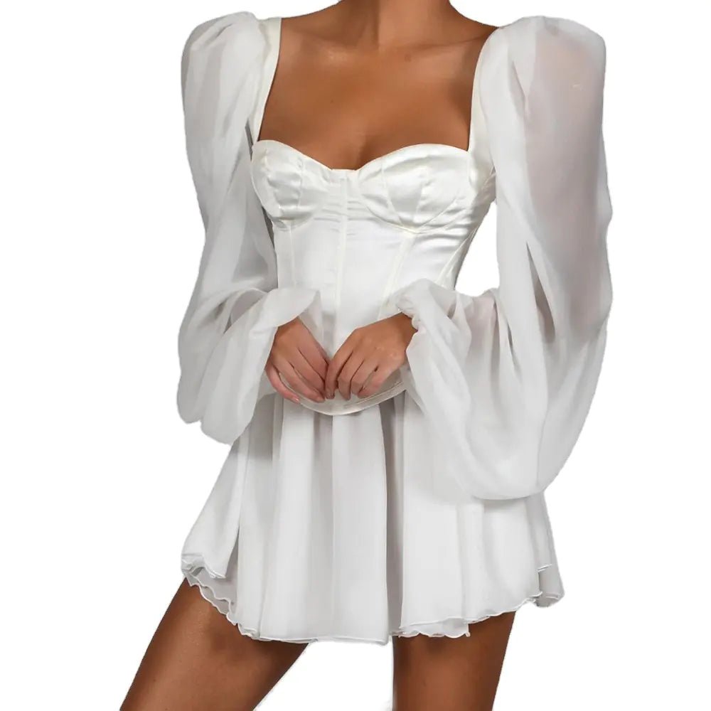Vestido ajustado, vestido con mangas de linterna blanco - Vant