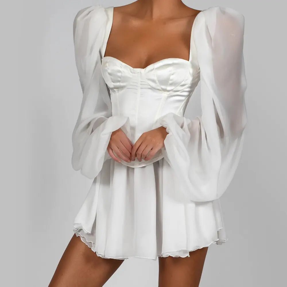 Vestido ajustado, vestido con mangas de linterna blanco - Vant