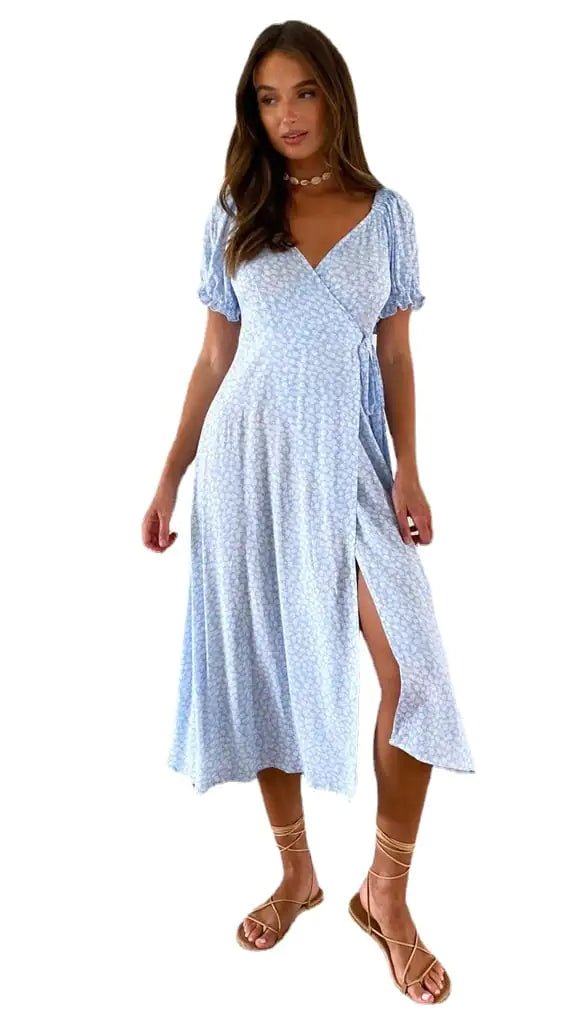 Vestido de mujer con estampado, escote en V y cintura alta - Vant