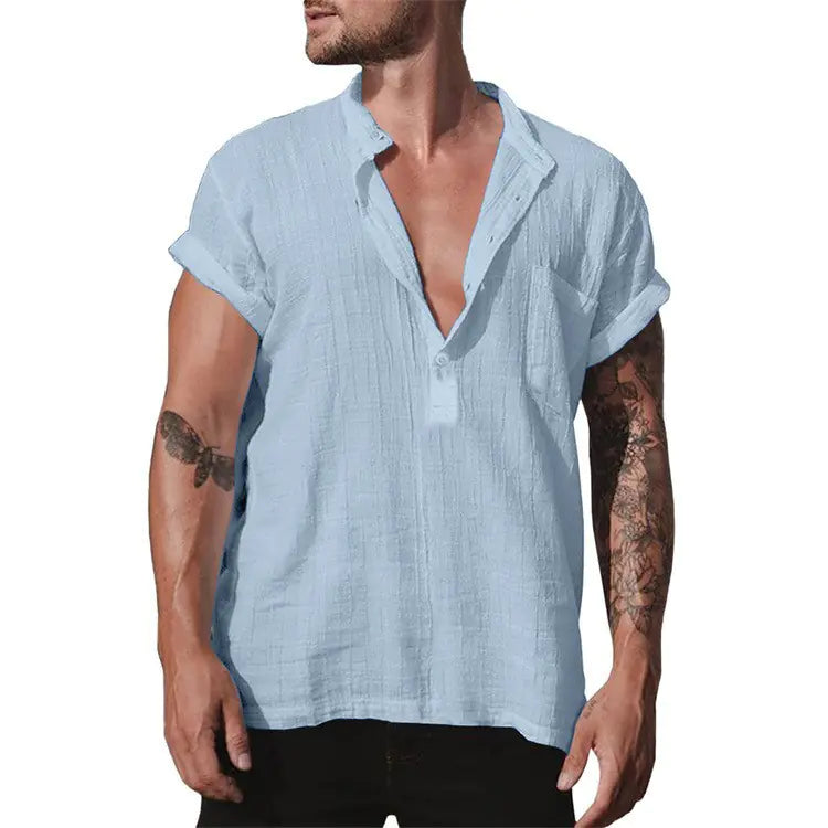 Camisa de lino de verano para hombre de manga corta con bolsillo
